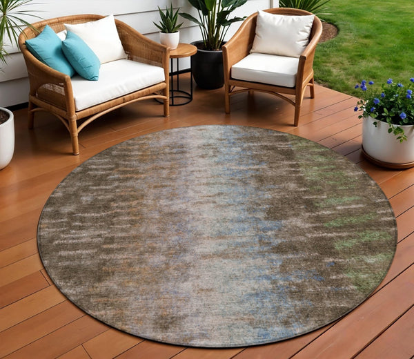 HomeRoots 8' Round Abstract Area Rug - Washable Indoor/Outdoor Rug in Brown, Green & Ivory for Modern Spaces 659080