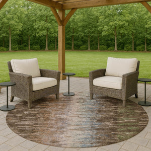 HomeRoots 8' Round Abstract Area Rug - Washable Indoor/Outdoor Rug in Brown, Green & Ivory for Modern Spaces 659080