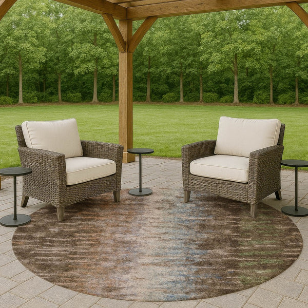 HomeRoots 8' Round Abstract Area Rug - Washable Indoor/Outdoor Rug in Brown, Green & Ivory for Modern Spaces 659080