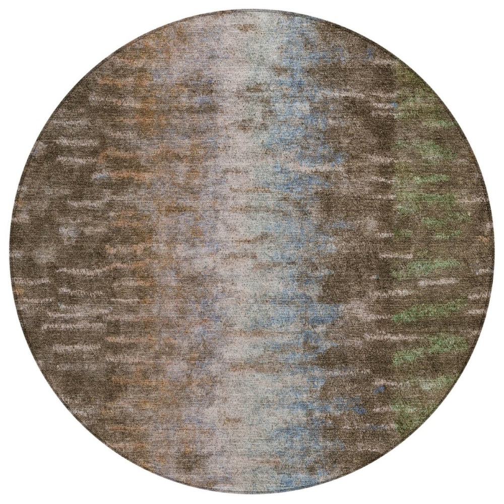 HomeRoots 8' Round Abstract Area Rug - Washable Indoor/Outdoor Rug in Brown, Green & Ivory for Modern Spaces 659080