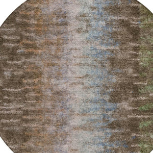 HomeRoots 8' Round Abstract Area Rug - Washable Indoor/Outdoor Rug in Brown, Green & Ivory for Modern Spaces 659080