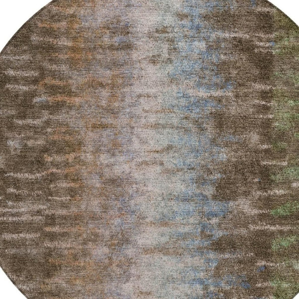 HomeRoots 8' Round Abstract Area Rug - Washable Indoor/Outdoor Rug in Brown, Green & Ivory for Modern Spaces 659080