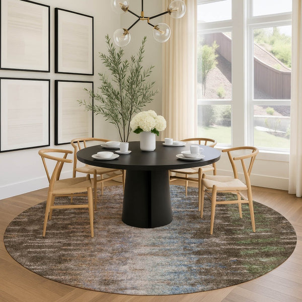 HomeRoots 8' Round Abstract Area Rug - Washable Indoor/Outdoor Rug in Brown, Green & Ivory for Modern Spaces 659080