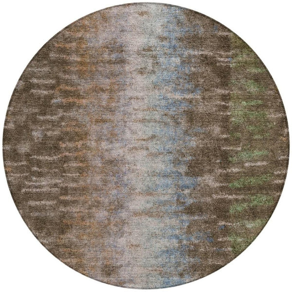 HomeRoots 8' Round Abstract Area Rug - Washable Indoor/Outdoor Rug in Brown, Green & Ivory for Modern Spaces 659080