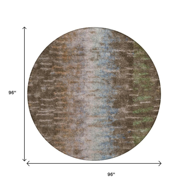 HomeRoots 8' Round Abstract Area Rug - Washable Indoor/Outdoor Rug in Brown, Green & Ivory for Modern Spaces 659080