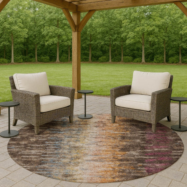 HomeRoots 8' Washable Round Area Rug in Chocolate, Orange & Purple - Durable, Stylish, and Versatile Design! 659086