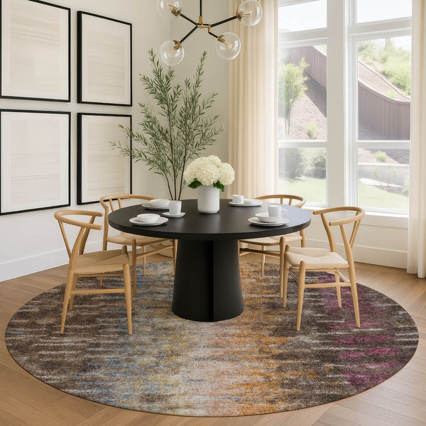 HomeRoots 8' Washable Round Area Rug in Chocolate, Orange & Purple - Durable, Stylish, and Versatile Design! 659086