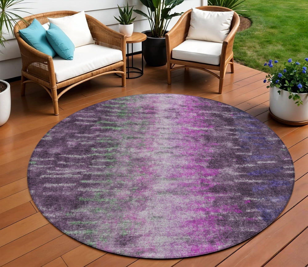 HomeRoots 8' Round Abstract Area Rug in Eggplant, Green & Blue - Washable & Versatile for Indoor/Outdoor Use 659092