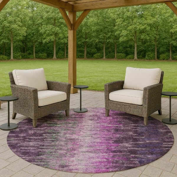 HomeRoots 8' Round Abstract Area Rug in Eggplant, Green & Blue - Washable & Versatile for Indoor/Outdoor Use 659092