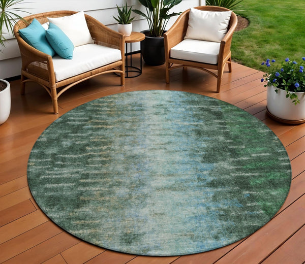 HomeRoots 8' Vibrant Emerald Teal Blue & Ivory Round Abstract Area Rug - Stylish, Washable for Indoors & Outdoors 659098