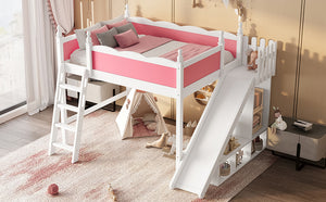 English Elm Full Loft Bed With Detachable Slide, Storage Shelves, And Cabinet In Pink & White – Fun & Functional! W1580S00245