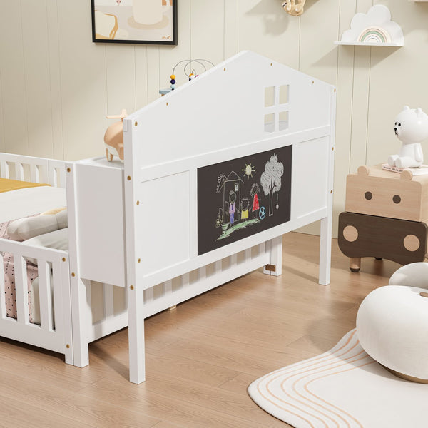 English Elm Full-size Montessori Floor Bed with Built-In Bookcase and Chalkboard, Space-Saving Solid Wood Platform for Kids White 56.3 L x 17.32 W x 5.31 H W1716S00012