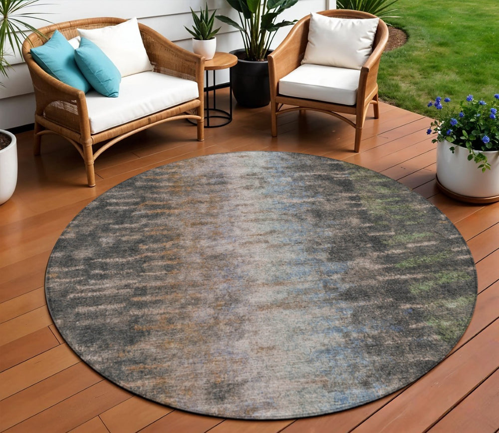HomeRoots 8' Round Abstract Washable Area Rug in Granite Gray & Brown - Modern, Durable, Indoor/Outdoor Style 659104