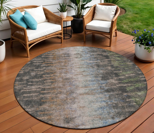 HomeRoots 8' Round Abstract Washable Area Rug in Granite Gray & Brown - Modern, Durable, Indoor/Outdoor Style 659104