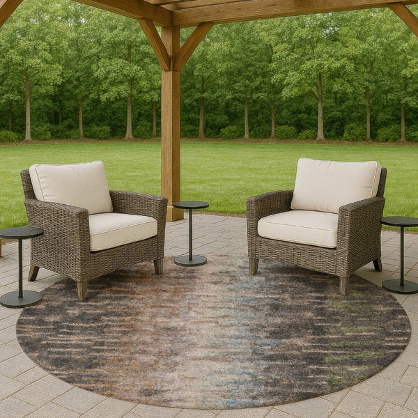 HomeRoots 8' Round Abstract Washable Area Rug in Granite Gray & Brown - Modern, Durable, Indoor/Outdoor Style 659104