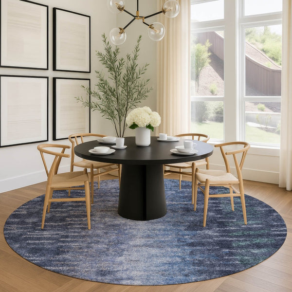 HomeRoots 8' Navy Blue & Ivory Round Abstract Rug - Washable, Durable Design for Indoor & Outdoor Spaces 659110