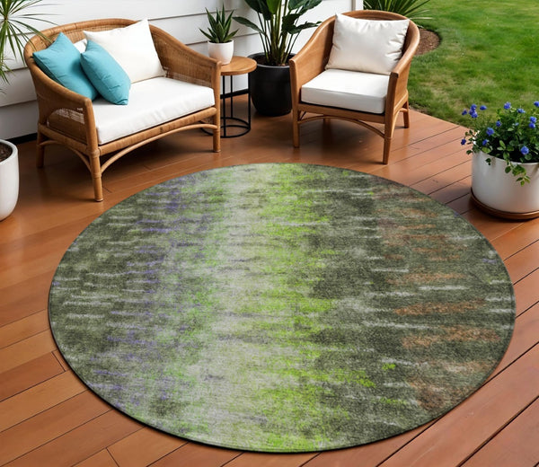 HomeRoots 8' Olive Green Round Abstract Area Rug - Stylish, Washable, Indoor/Outdoor, Stain-Resistant, Durable Design 659116