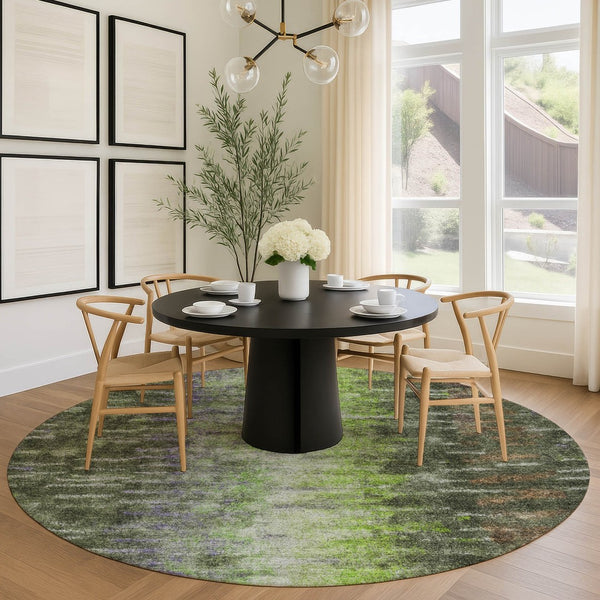 HomeRoots 8' Olive Green Round Abstract Area Rug - Stylish, Washable, Indoor/Outdoor, Stain-Resistant, Durable Design 659116