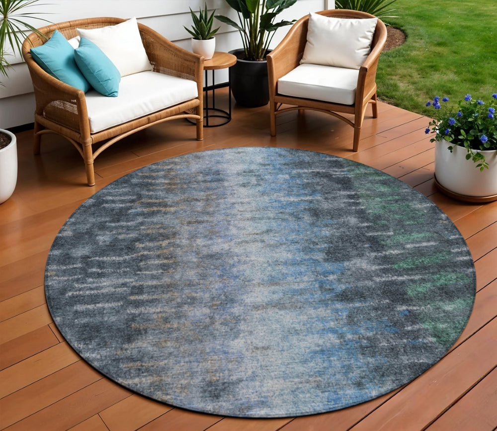 HomeRoots 8' Round Teal Blue and Gray Abstract Washable Area Rug for Indoor and Outdoor Stylish Spaces 659122