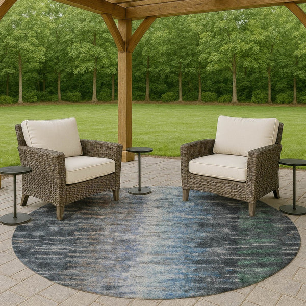 HomeRoots 8' Round Teal Blue and Gray Abstract Washable Area Rug for Indoor and Outdoor Stylish Spaces 659122