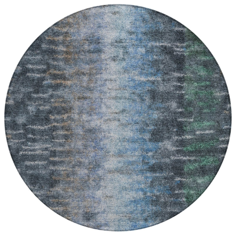 HomeRoots 8' Round Teal Blue and Gray Abstract Washable Area Rug for Indoor and Outdoor Stylish Spaces 659122