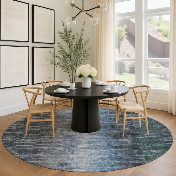 HomeRoots 8' Round Teal Blue and Gray Abstract Washable Area Rug for Indoor and Outdoor Stylish Spaces 659122