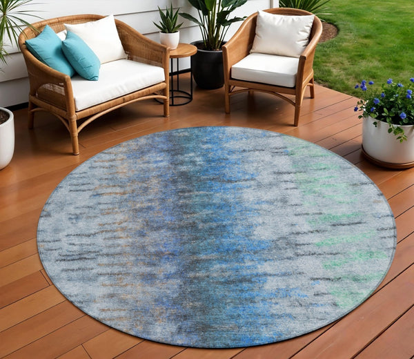 HomeRoots 8' Round Abstract Blue and Ivory Washable Rug - Stylish, Durable, Indoor/Outdoor Design for Any Space 659128