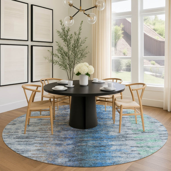 HomeRoots 8' Round Abstract Blue and Ivory Washable Rug - Stylish, Durable, Indoor/Outdoor Design for Any Space 659128