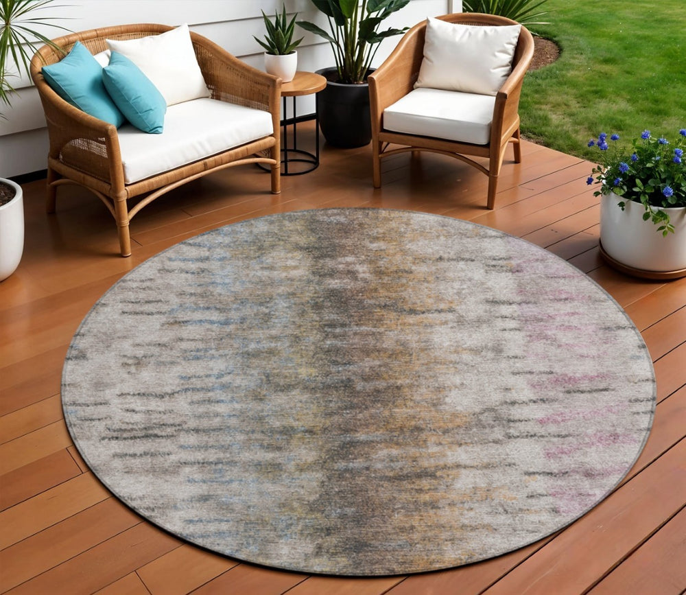 HomeRoots 8' Brown Taupe and Ivory Round Abstract Rug – Stylish, Washable, and Perfect for Indoor/Outdoor Use! 659134