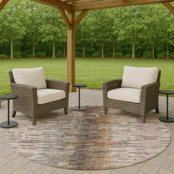 HomeRoots 8' Brown Taupe and Ivory Round Abstract Rug – Stylish, Washable, and Perfect for Indoor/Outdoor Use! 659134