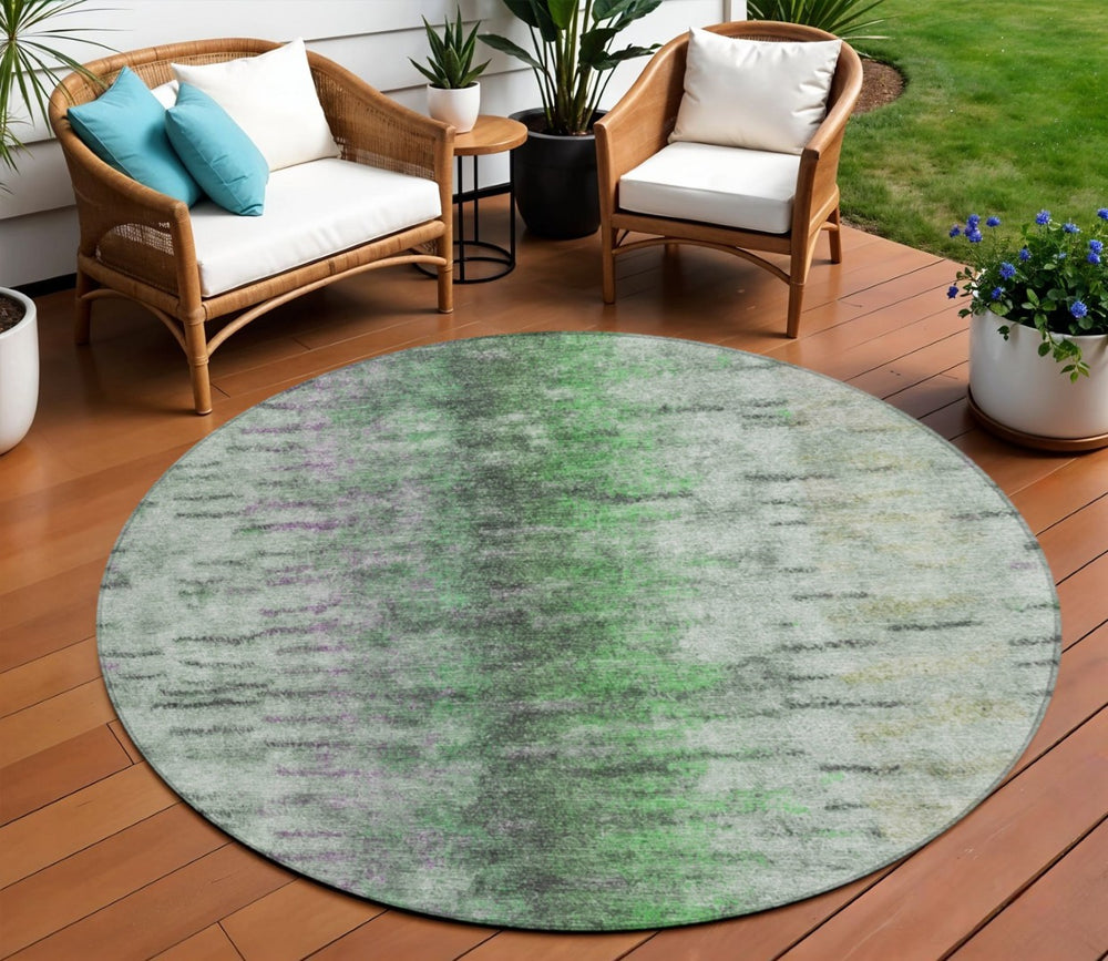 HomeRoots 8' Round Abstract Area Rug in Green, Gray & Ivory - Washable, Durable & Stylish for Indoor/Outdoor Use 659140
