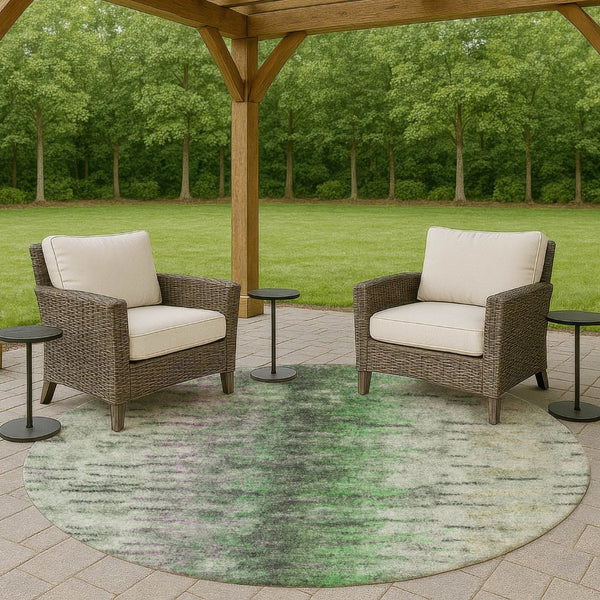 HomeRoots 8' Round Abstract Area Rug in Green, Gray & Ivory - Washable, Durable & Stylish for Indoor/Outdoor Use 659140