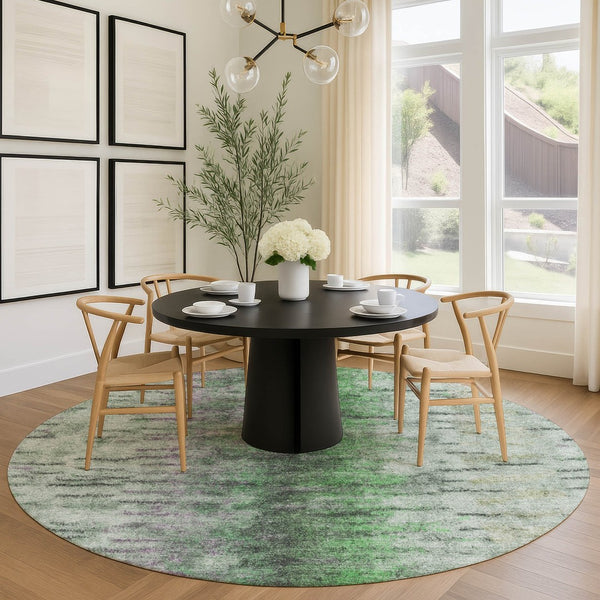 HomeRoots 8' Round Abstract Area Rug in Green, Gray & Ivory - Washable, Durable & Stylish for Indoor/Outdoor Use 659140