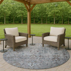 HomeRoots 8' Stylish Blue Gray Ivory Round Medallion Area Rug - Washable, Durable for Indoor & Outdoor Use! 659152