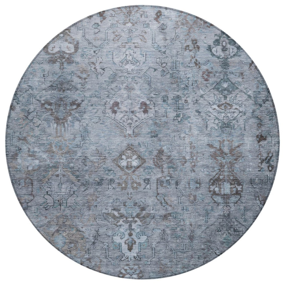 HomeRoots 8' Stylish Blue Gray Ivory Round Medallion Area Rug - Washable, Durable for Indoor & Outdoor Use! 659152