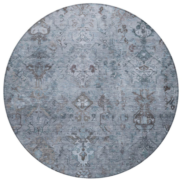 HomeRoots 8' Stylish Blue Gray Ivory Round Medallion Area Rug - Washable, Durable for Indoor & Outdoor Use! 659152