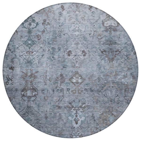 HomeRoots 8' Stylish Blue Gray Ivory Round Medallion Area Rug - Washable, Durable for Indoor & Outdoor Use! 659152
