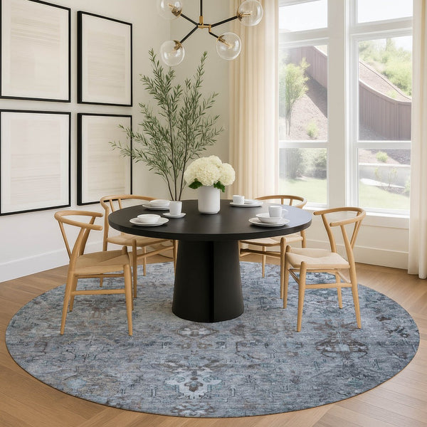 HomeRoots 8' Stylish Blue Gray Ivory Round Medallion Area Rug - Washable, Durable for Indoor & Outdoor Use! 659152