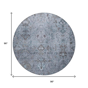HomeRoots 8' Stylish Blue Gray Ivory Round Medallion Area Rug - Washable, Durable for Indoor & Outdoor Use! 659152
