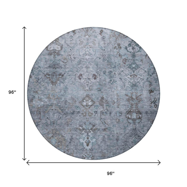 HomeRoots 8' Stylish Blue Gray Ivory Round Medallion Area Rug - Washable, Durable for Indoor & Outdoor Use! 659152