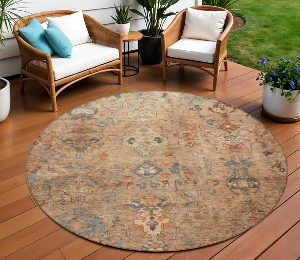 HomeRoots 8' Copper and Gray Round Medallion Rug – Stylish, Washable Area Rug for Indoor & Outdoor Spaces 659158