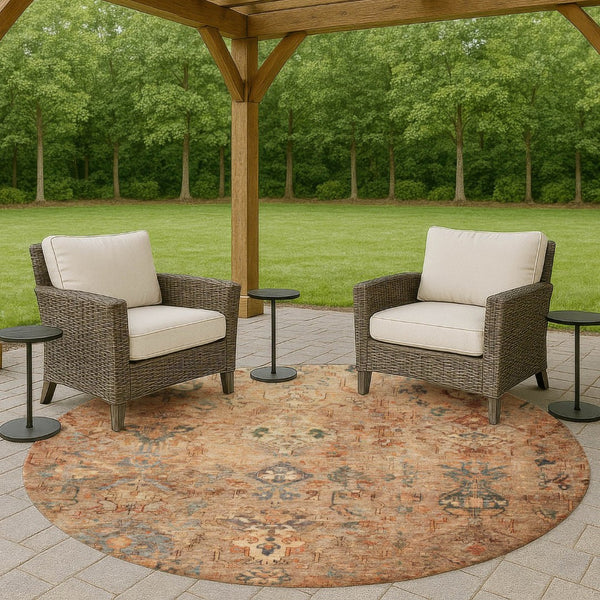 HomeRoots 8' Copper and Gray Round Medallion Rug – Stylish, Washable Area Rug for Indoor & Outdoor Spaces 659158