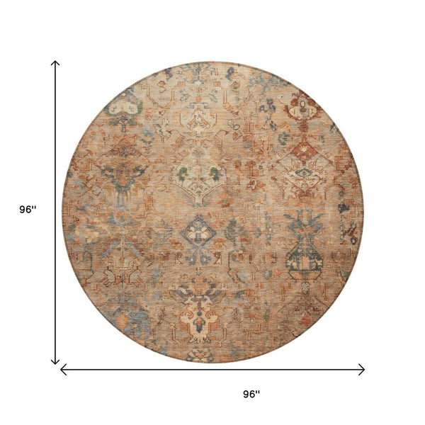 HomeRoots 8' Copper and Gray Round Medallion Rug – Stylish, Washable Area Rug for Indoor & Outdoor Spaces 659158