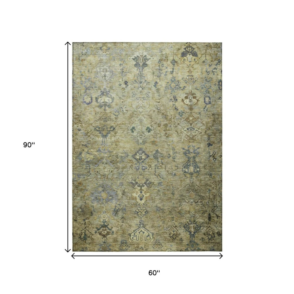 HomeRoots 5' Medallion Indoor Outdoor Area Rug - Green, Blue & Ivory, Machine Washable, Durable & Stylish 659163