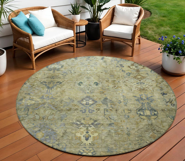 HomeRoots 8' Round Medallion Rug in Green, Blue & Ivory - Washable Indoor/Outdoor Area Rug for Easy Care 659164