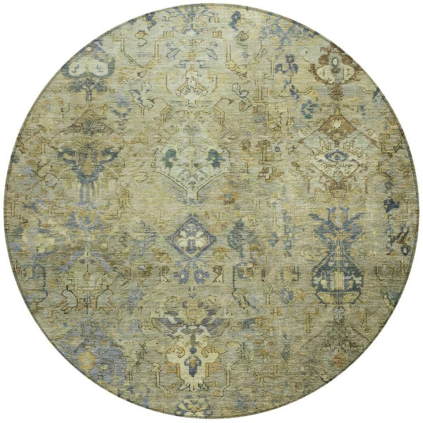 HomeRoots 8' Round Medallion Rug in Green, Blue & Ivory - Washable Indoor/Outdoor Area Rug for Easy Care 659164