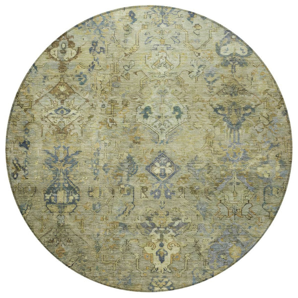 HomeRoots 8' Round Medallion Rug in Green, Blue & Ivory - Washable Indoor/Outdoor Area Rug for Easy Care 659164