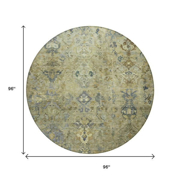 HomeRoots 8' Round Medallion Rug in Green, Blue & Ivory - Washable Indoor/Outdoor Area Rug for Easy Care 659164