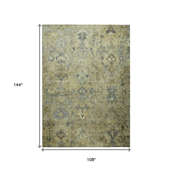HomeRoots 9' X 12' Medallion Area Rug in Green, Blue & Ivory - Washable, Stain-Resistant for Indoor/Outdoor Use 659166