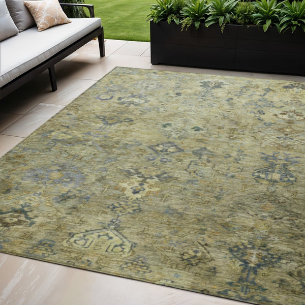 HomeRoots 9' X 12' Medallion Area Rug in Green, Blue & Ivory - Washable, Stain-Resistant for Indoor/Outdoor Use 659166